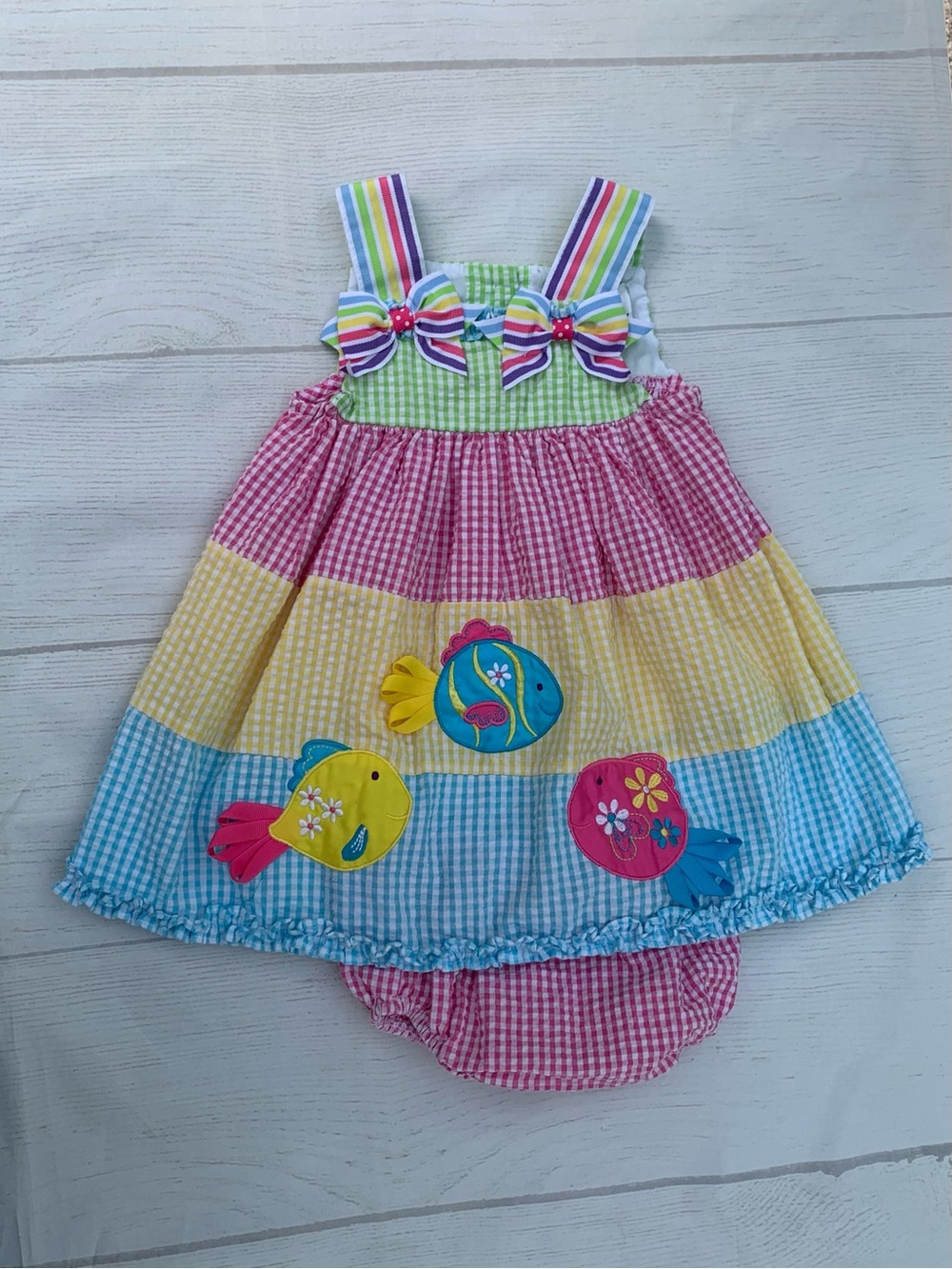Rare Editions Girls Rainbow Gingham Seersucker Fish Dress Size 12 months